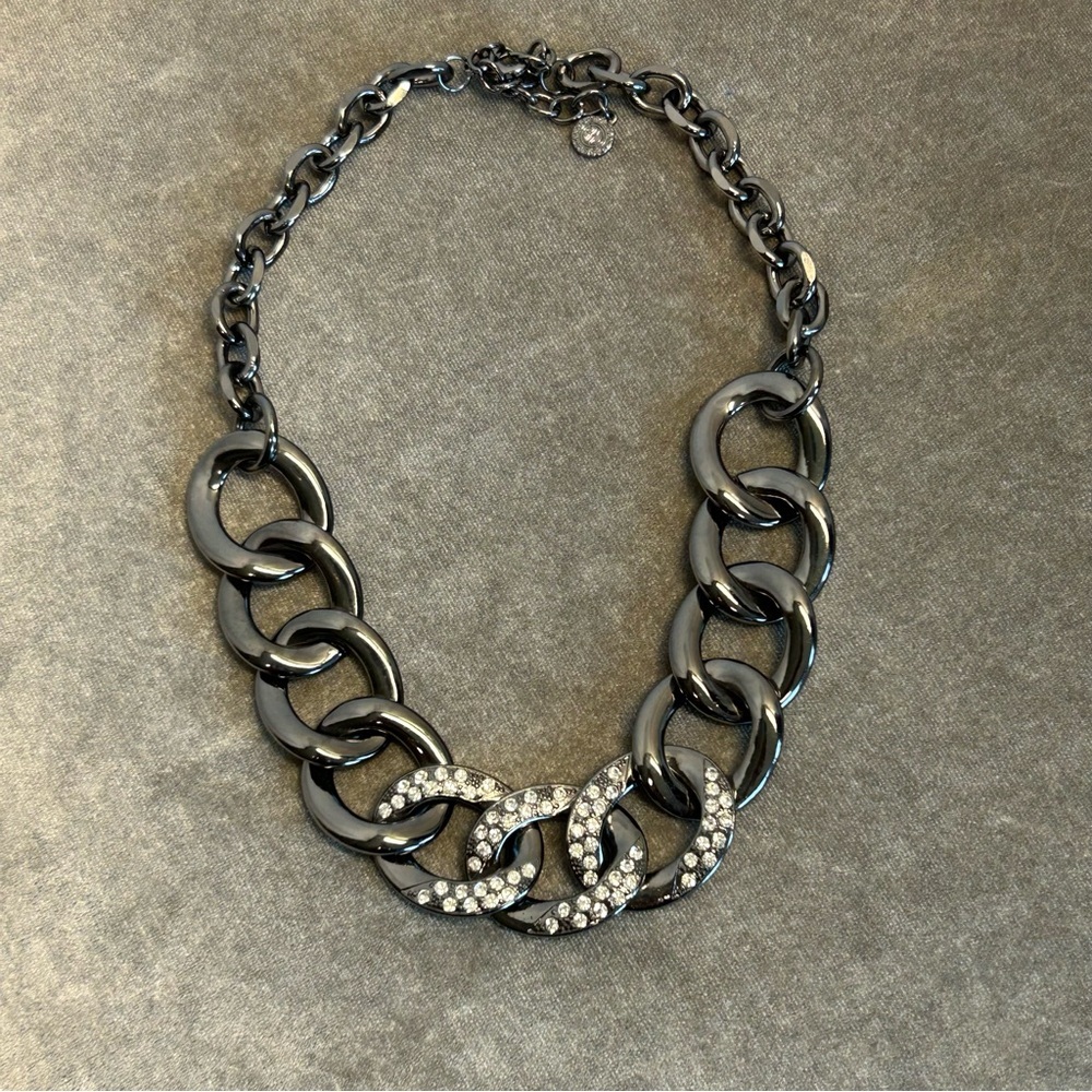 R.J. Graziano Gunmetal Silver tone Chrome chain link chunky necklace rhinestone - Picture 3 of 8